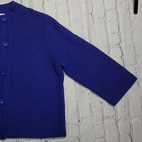 Chico's Woolen 3/4 Sleeve Royal Blue Wool Blend Granny Cardigan Sweater - Picture 4 of 13
